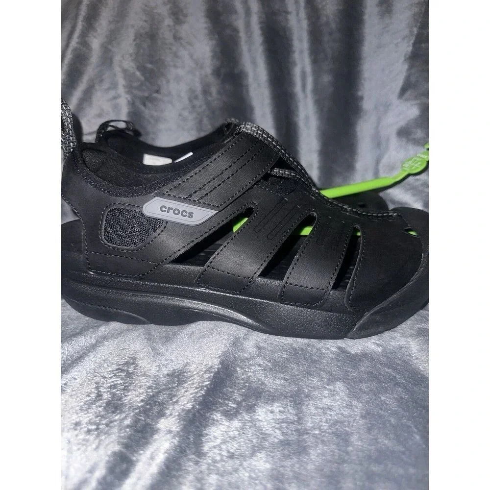 NEW‎ Crocs Yukon Fisherman Black Leather Closed Toe Sandals Mens Size 9